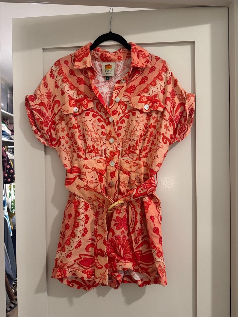 FARM Rio Coral and Cream Floral Button-Front Romper with Tie Waist